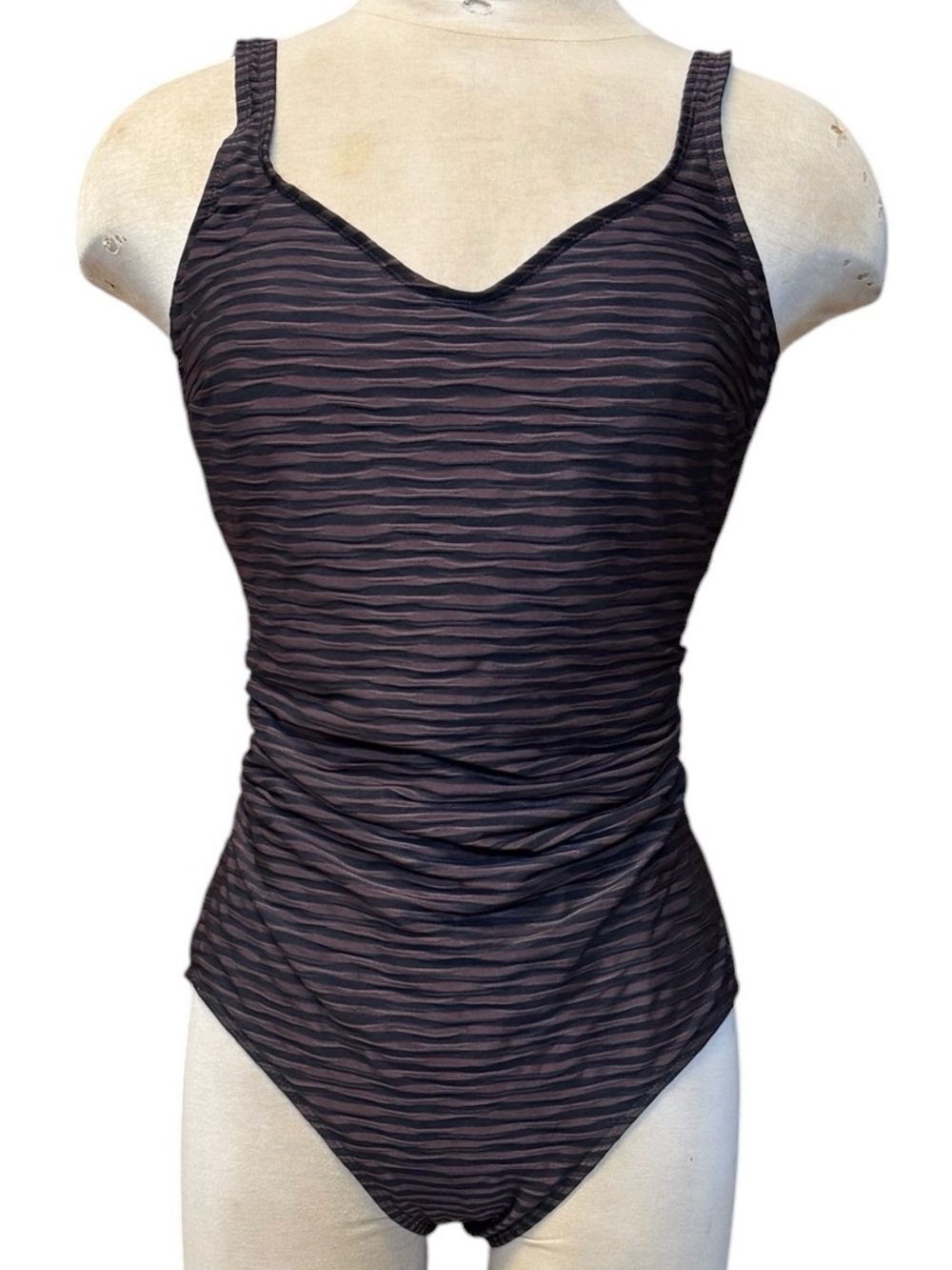 Vintage Baltex Swimsuit One Piece Black Brown Striped 16 38